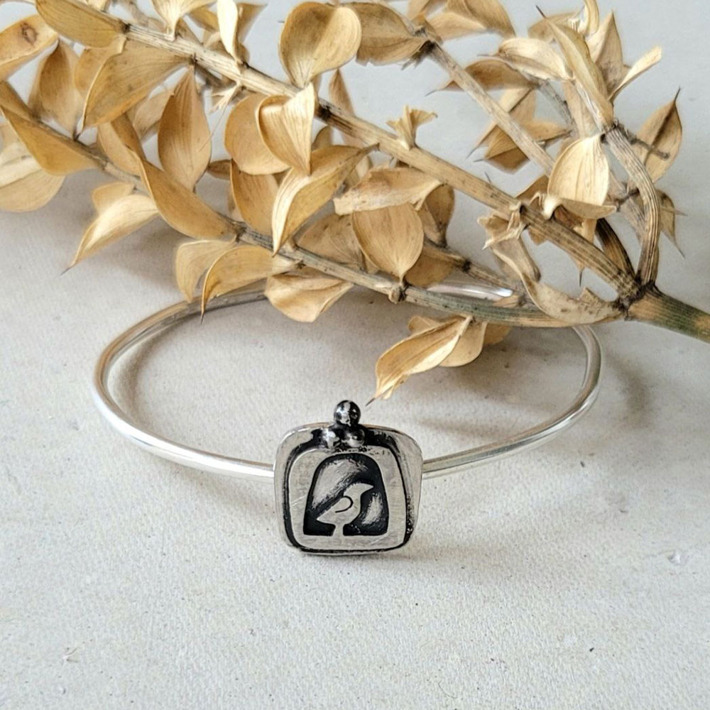 925 Sterling Silver Bangle Bracelet, Handmade - Bird and Cage Design (Modern)