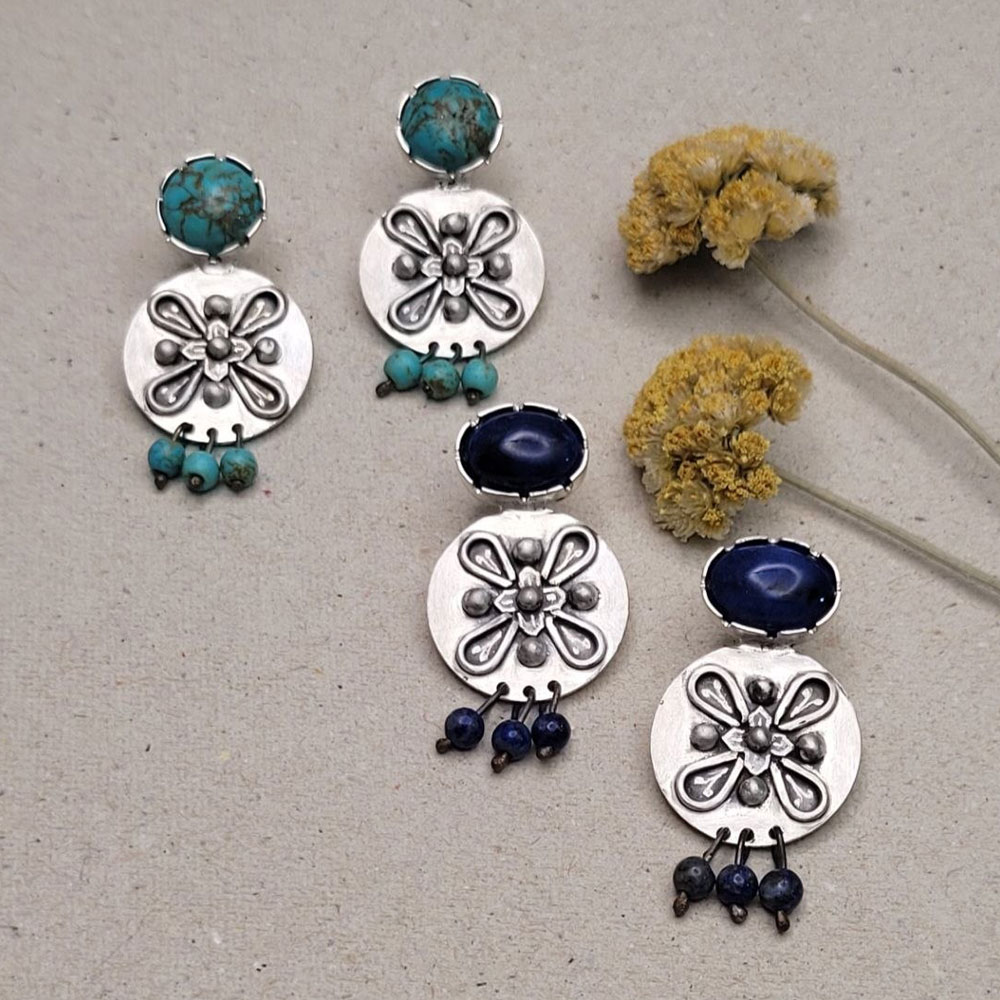 Handmade 925 Silver Dangle Earrings - Traditional and Boho Design (Lazuli and Turquoise)