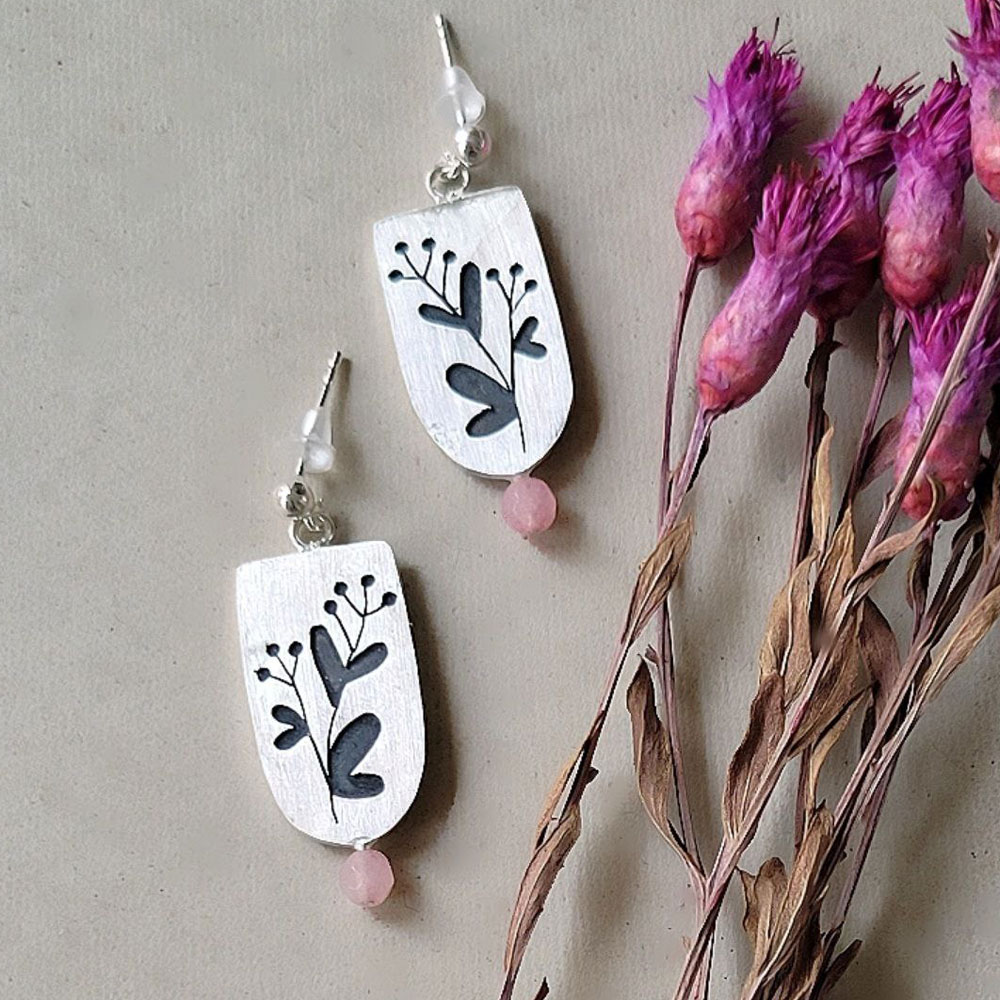 Handmade 925 Silver Dangle Earrings - Branch and Rose Quartz Design