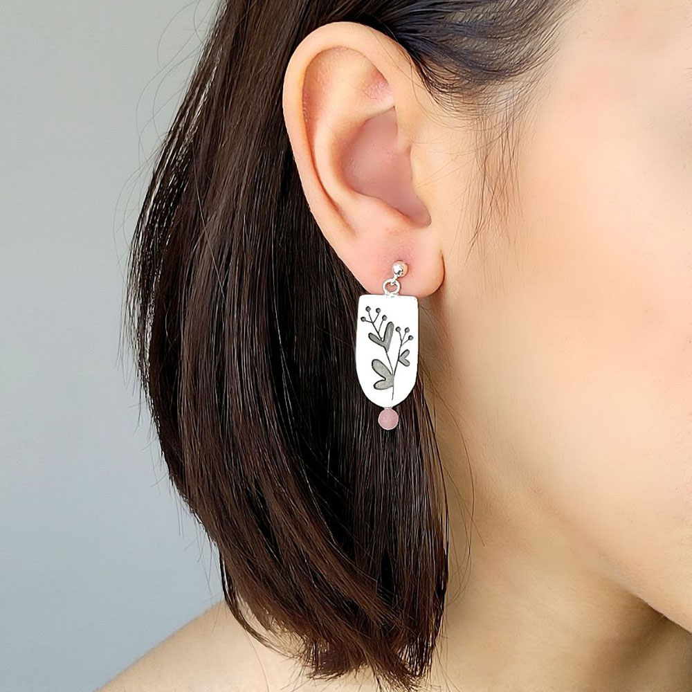 Handmade 925 Silver Dangle Earrings - Branch and Rose Quartz Design