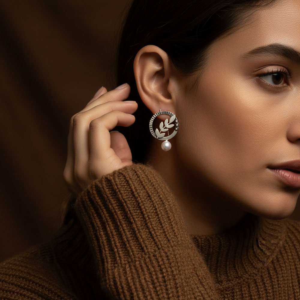 Handmade 925 sterling silver earrings with branch design and white pearls