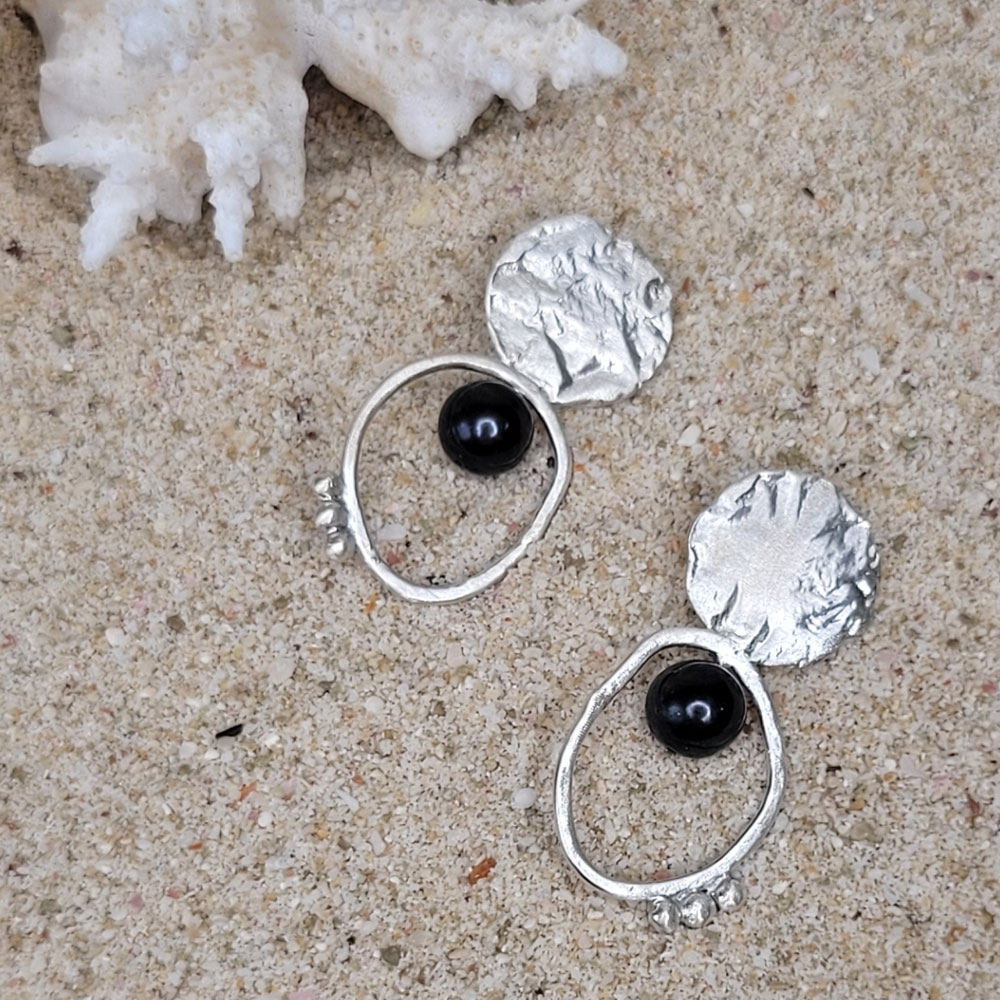Handmade 925 Silver Earrings - Celestial Objects and Black Pearl Design