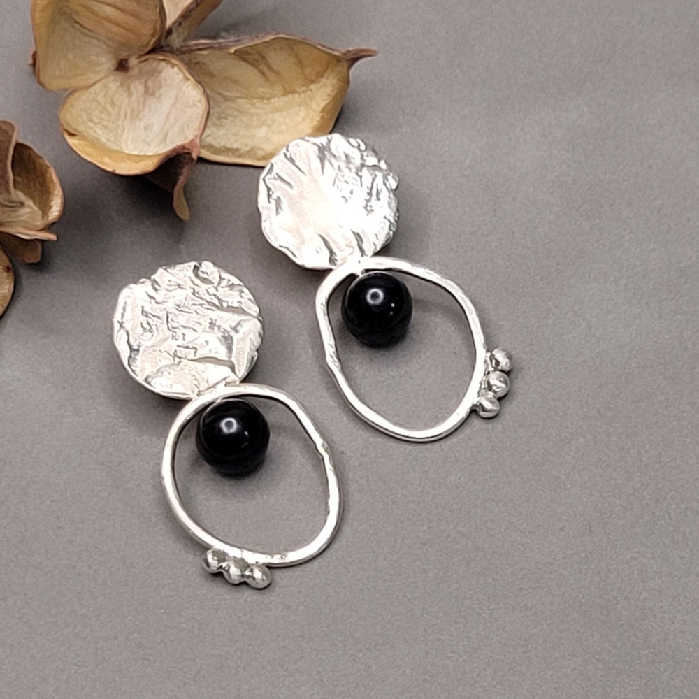 Handmade 925 Silver Earrings - Celestial Objects and Black Pearl Design