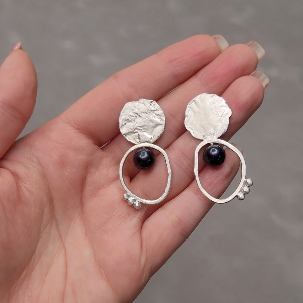 Handmade 925 Silver Earrings - Celestial Objects and Black Pearl Design