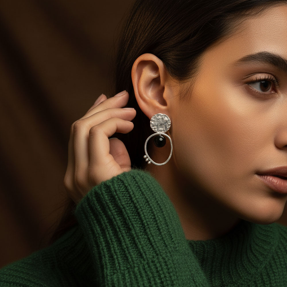 Handmade 925 Silver Earrings - Celestial Objects and Black Pearl Design