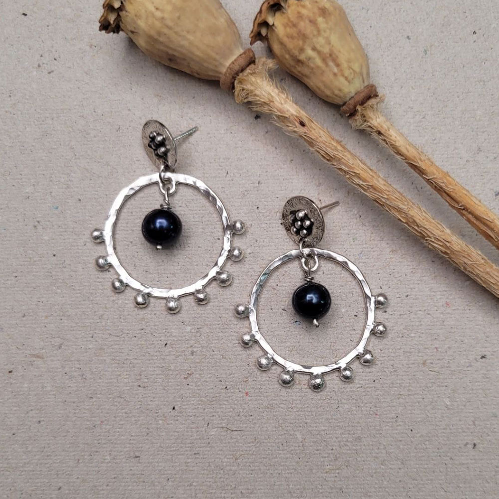 Handmade 925 Silver Dangle Earrings - Galaxy Ring Design and Black Pearl