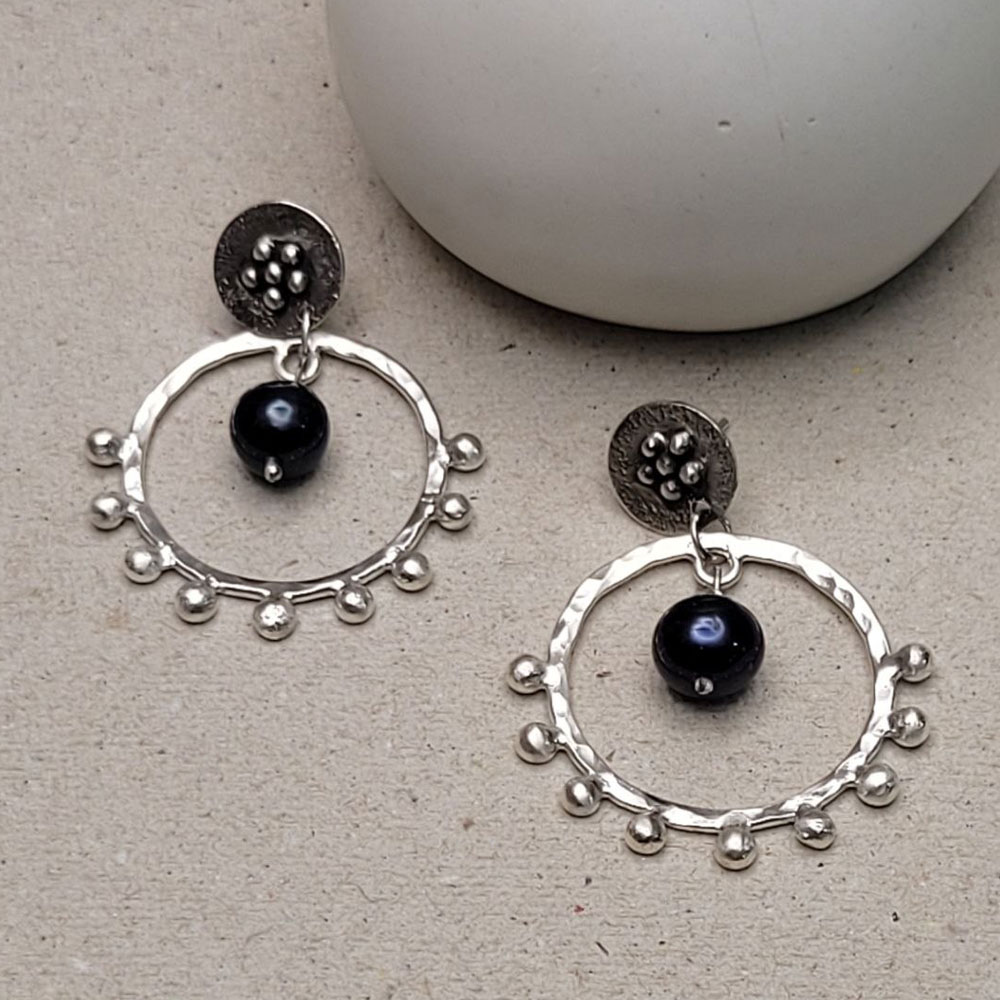 Handmade 925 Silver Dangle Earrings - Galaxy Ring Design and Black Pearl
