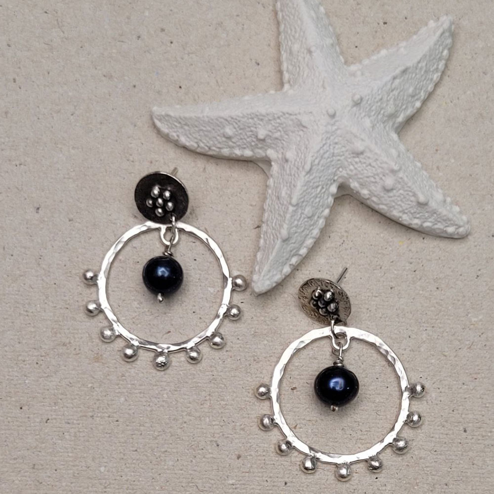 Handmade 925 Silver Dangle Earrings - Galaxy Ring Design and Black Pearl