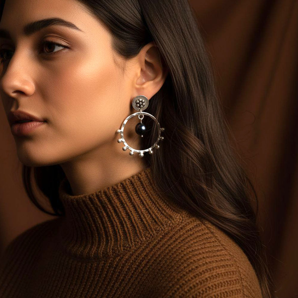 Handmade 925 Silver Dangle Earrings - Galaxy Ring Design and Black Pearl