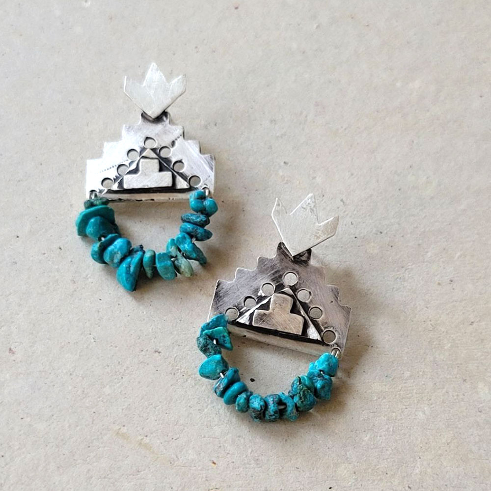 Handmade 925 Silver Dangle Earrings - Ziggurat and Turquoise Design (Ancient Architecture)