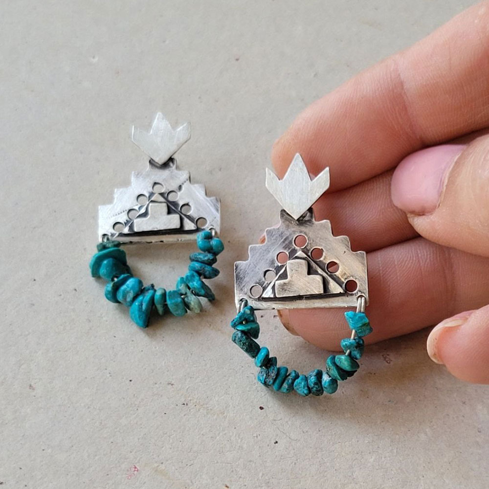 Handmade 925 Silver Dangle Earrings - Ziggurat and Turquoise Design (Ancient Architecture)