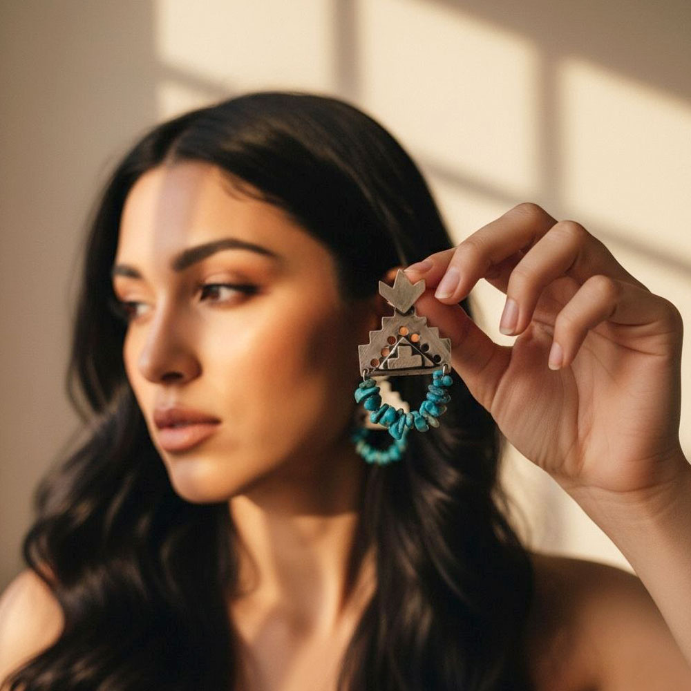 Handmade 925 Silver Dangle Earrings - Ziggurat and Turquoise Design (Ancient Architecture)