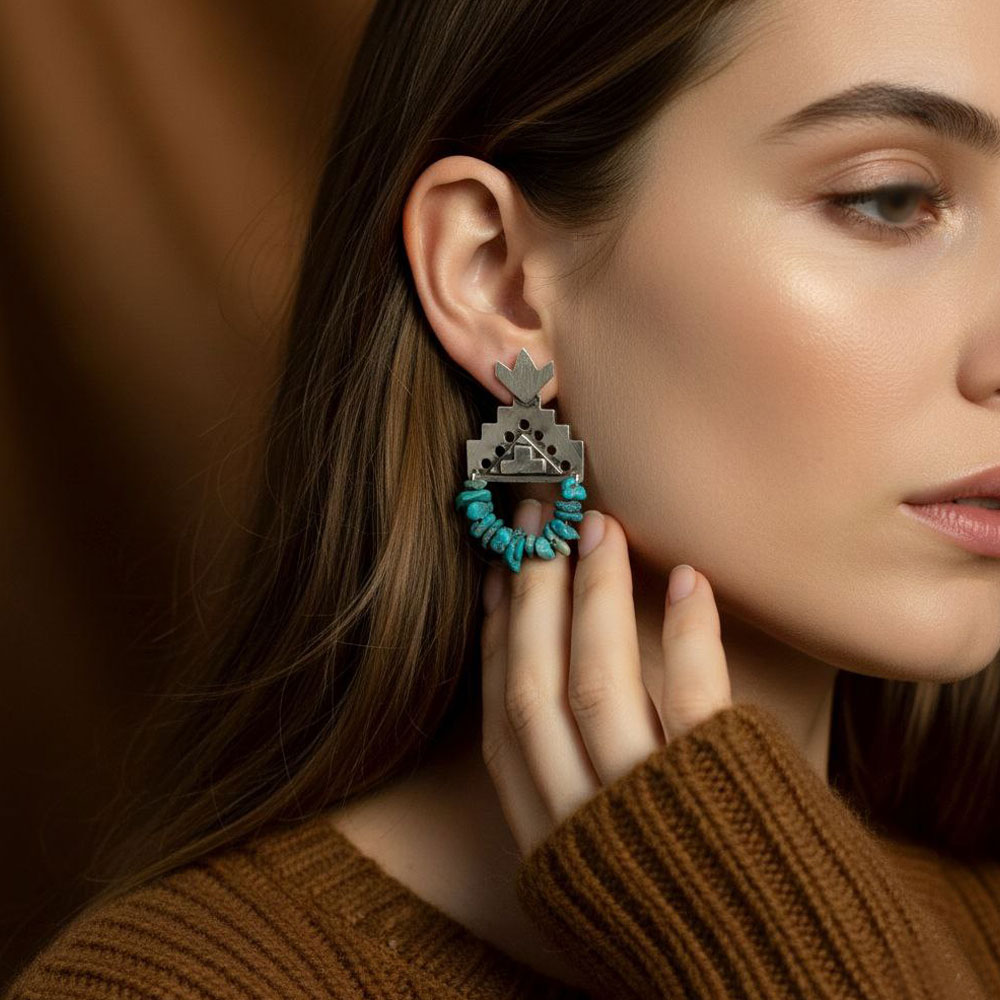 Handmade 925 Silver Dangle Earrings - Ziggurat and Turquoise Design (Ancient Architecture)