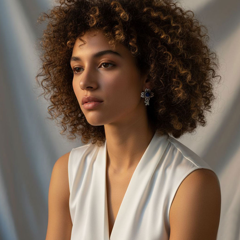 Handmade 925 Silver Lapis Lazuli Earrings - Flower and Cross Design (Claw)