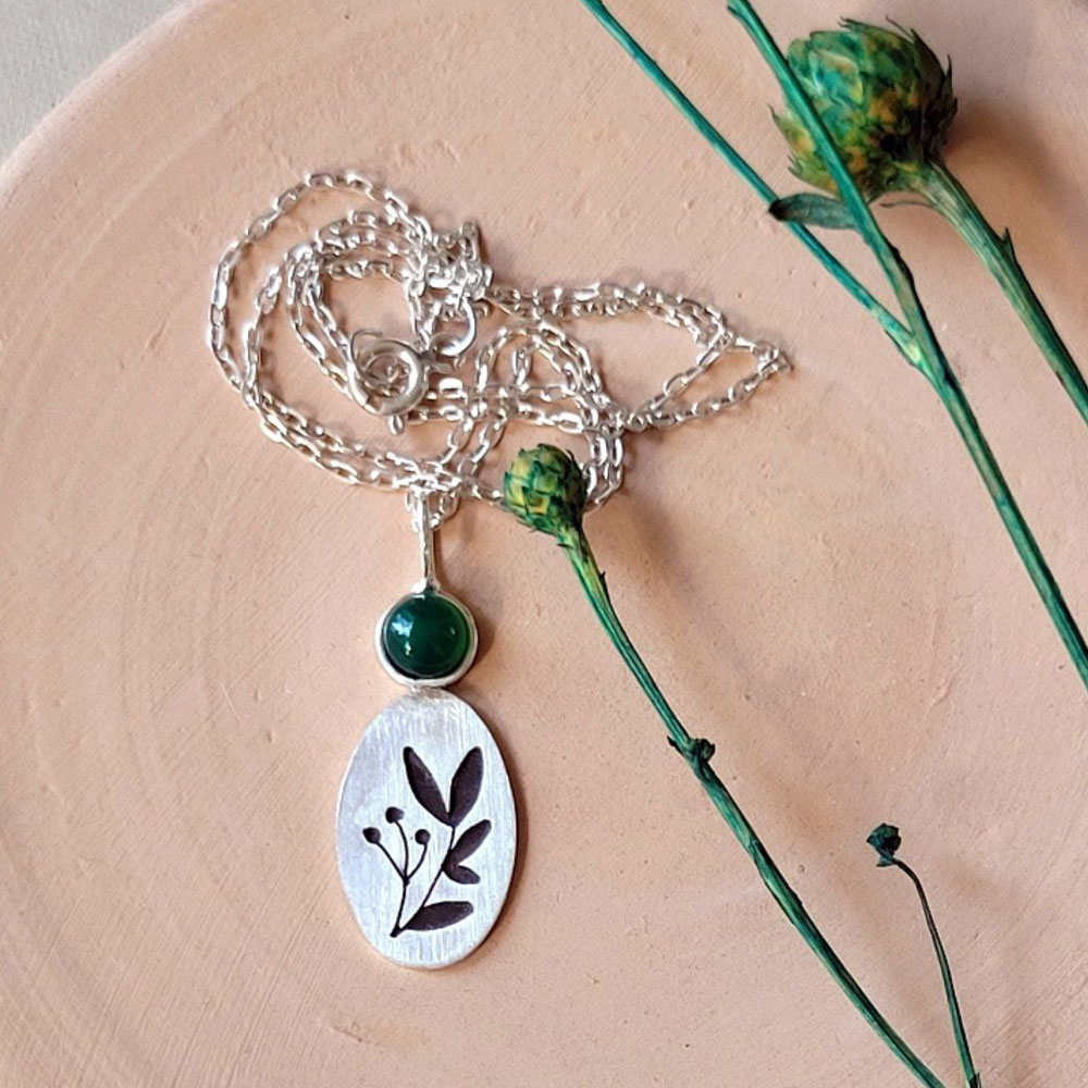 Handmade 925 Silver Necklace - Branch and Green Agate Design