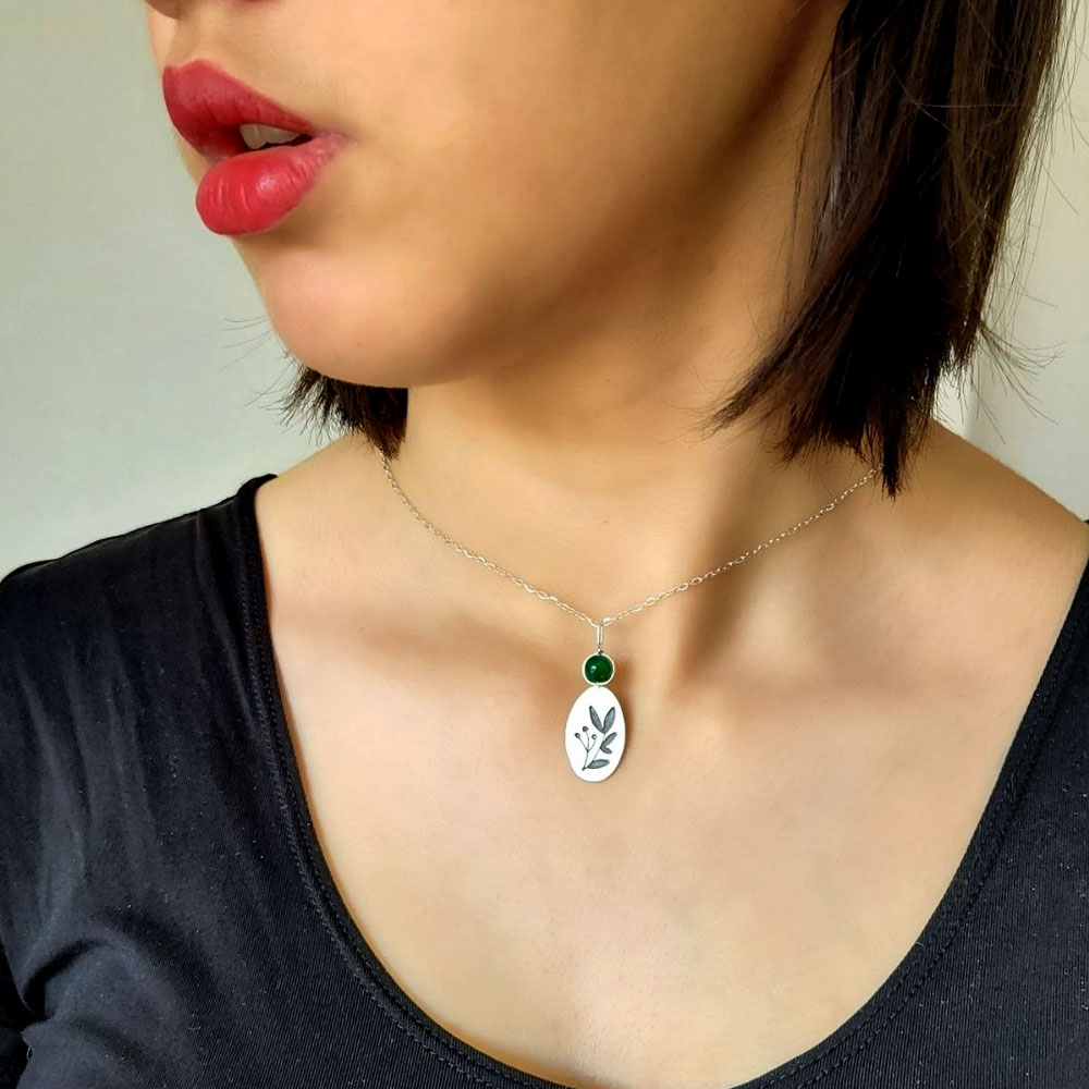 Handmade 925 Silver Necklace - Branch and Green Agate Design