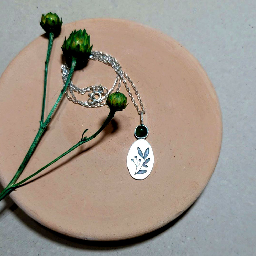 Handmade 925 Silver Necklace - Branch and Green Agate Design